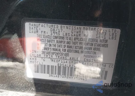 2017 Nissan Sentra S z USA, uszkodzony, nr VIN 3N1AB7AP2HY391465